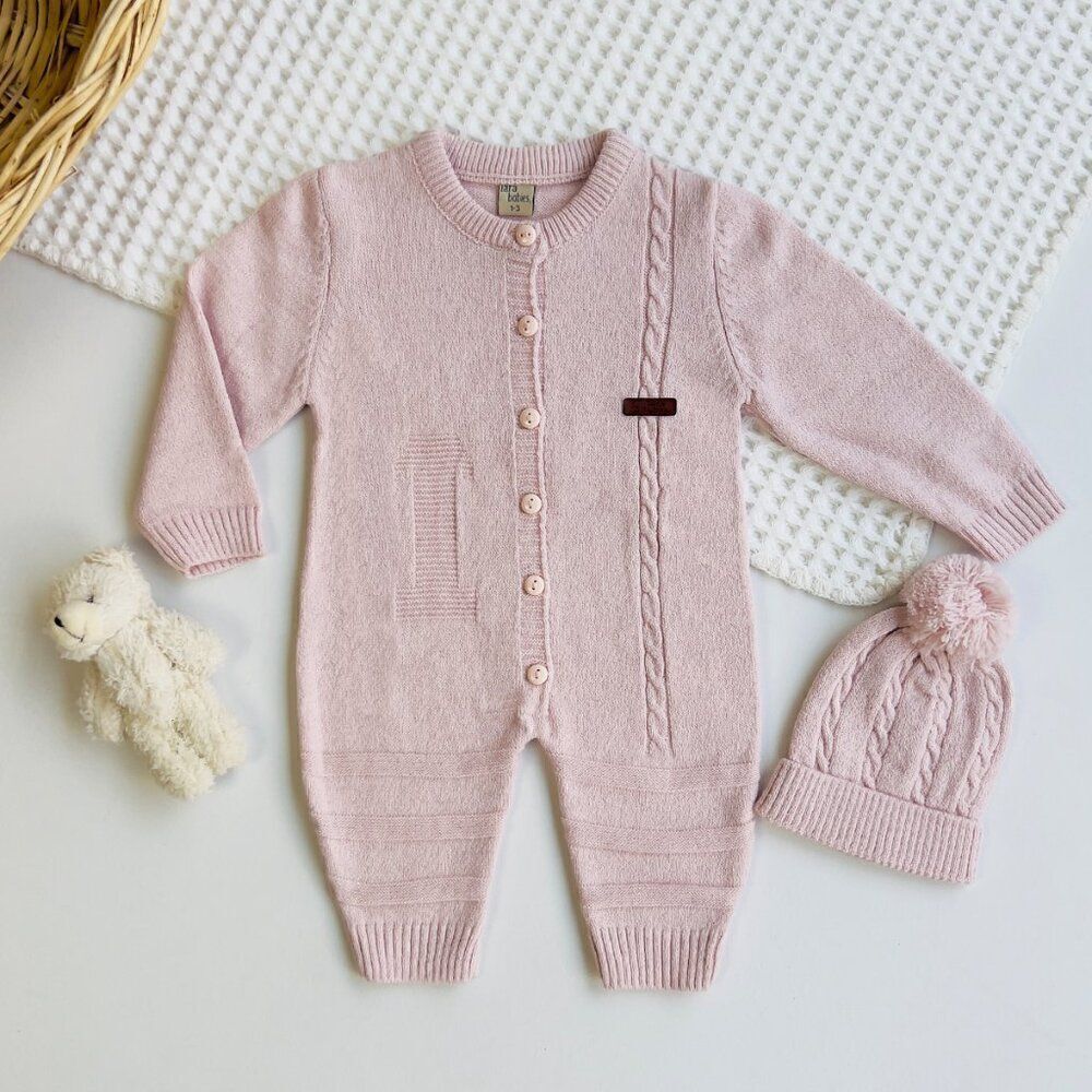 Baby Knit Jumpsuit Buttoned Outfit with Beanie Jumper for Baby Girl